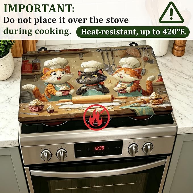 Cute Cat Chef Stove Top Cover Glass Cooktop Heat Resistant Cover,Ceramic Stove Top Covers Mat Prevents Scratching Stoves/Counter/Washer Protector,28.5x20.5 in
