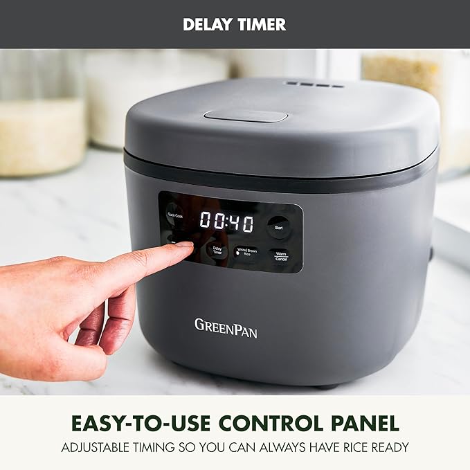 GreenPan Advanced Rice Cooker, 4-Cups Uncooked/8-Cups Cooked, Removable Nonstick Ceramic PFAS-Free Pot, White & Brown Rice, Family Sized, Quick Cook in 25mins, 6 Presets, Fuzzy Logic Tech, Graphite