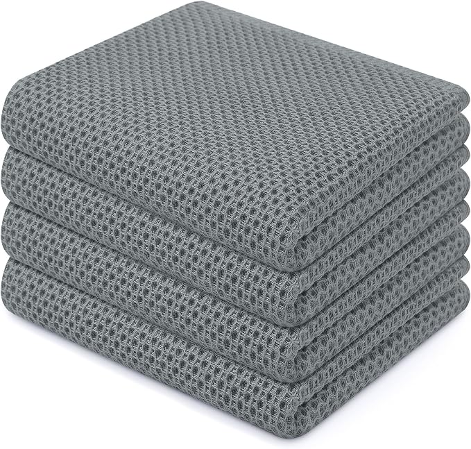 Homaxy 100% Cotton Waffle Weave Kitchen Dish Towels 4-Pack, Grey | 13 x 28 Inches, Ultra Soft Absorbent Dish Towels, Quick Drying Cleaning Towels