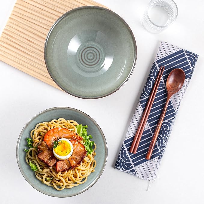Ceramic Japanese Ramen Bowl Set, 2 Sets Asian Pho Udon Soup Noodle Bowls with Spoons and Chopsticks (Grayish Green, 8 inches)