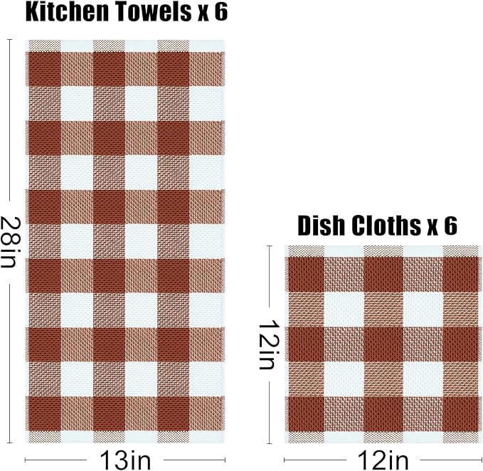 Homaxy Kitchen Towels and Dishcloths Set, Set of 12, White & Rust | Bulk Cotton Waffle Weave Check Plaid Kitchen Towels, Super Soft and Absorbent Dish Cloths, 12 x 12 and 13 x 28 Inches