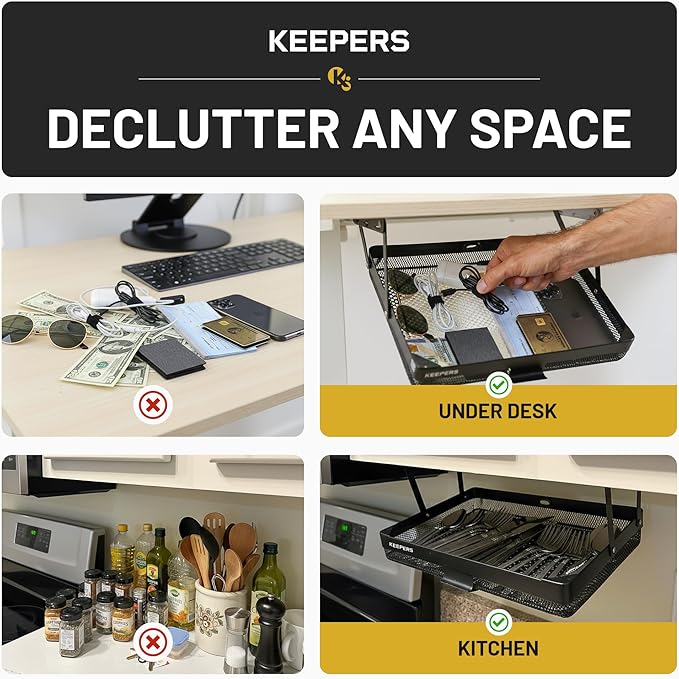 KEEPERS Anything Keeper — Compact 11x10in Under-Cabinet Slide-Out Drawer, Hidden Steel Organizer for K-Cups & Desk Items, RV & Small Kitchen — Black