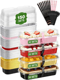 NEEBAKE 150 Pack 6.8 oz Disposable Mini Loaf Pans with Lids and Spoons - 6.5x2.5x1.2 Mixed Color Aluminum Loaf Pans, Small Aluminum Tin Foil Baking Pan, Food Containers for Baking, Cakes, Bread