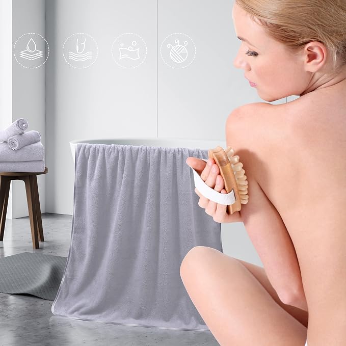 TENSTARS Luxury Silk Hemming Towel Set - Light Thin Quick Drying - 2 Bath Towels 2 Hand Towels 2 Washcloths - Ultra Soft Microfiber Towel for Bath Fitness, Sports, Yoga, Travel (Light Grey 6 Pieces)