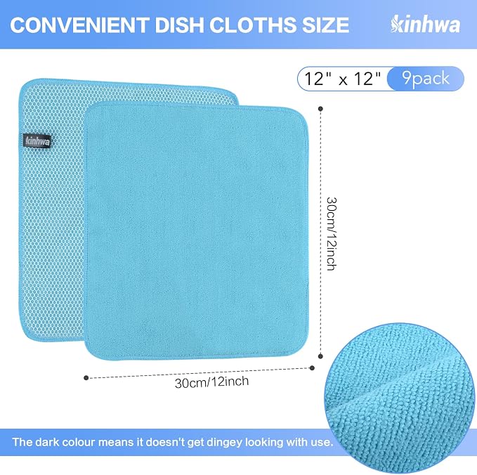 Dish Cloths for Washing Dishes with Scrub Side, Microfiber Dish Rags | Dual-sided microfiber dish cloths with scrubber for stuck-on food, quick dry kitchen washcloths 9 Pack, Mixed Colors 12 Inch