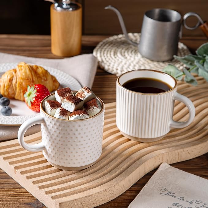 GBhome 6 OZ Stackable Coffee Mugs Set of 4, Ceramic Coffee Cups Set | 4 Assorted Designs, Embossed Mugs with Texture Patterns for Espresso/Tea, Dishwasher&Microwave Safe, Off White
