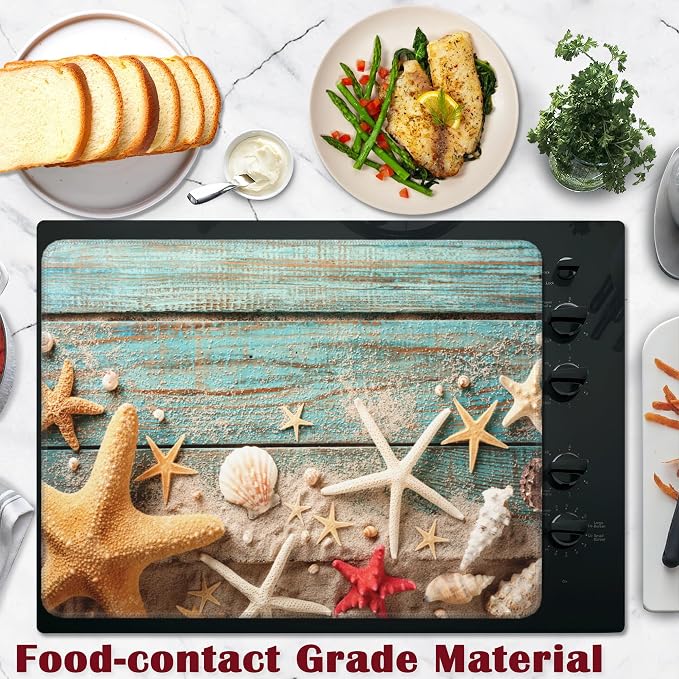 Beach Seashell Starfish Electric Stove Top Cover Protector,Blue Wooden Glass Flat Top Stove Mat,Heat-Resistant Oven Induction Cooktop Mat for Ceramic Countertop Mats Dish Drying Mat