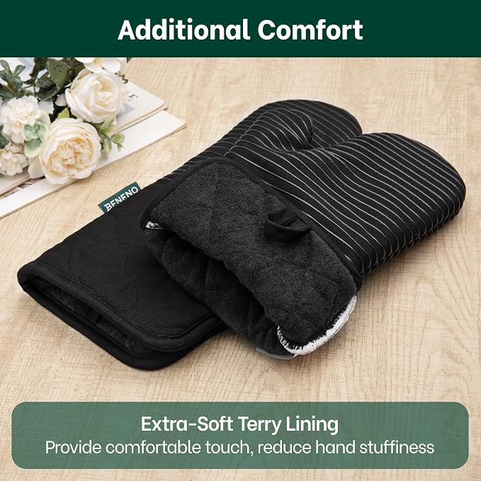 Beneno Heat Resistant 500°F Kitchen Oven Mitts 2-Pack, 7.5"x14.3", Black | Textured Non-Slip Silicone Grip, Extra Long Forearm Protection, Soft Quilted Cotton Terry Lining, Ideal for Baking & Grilling