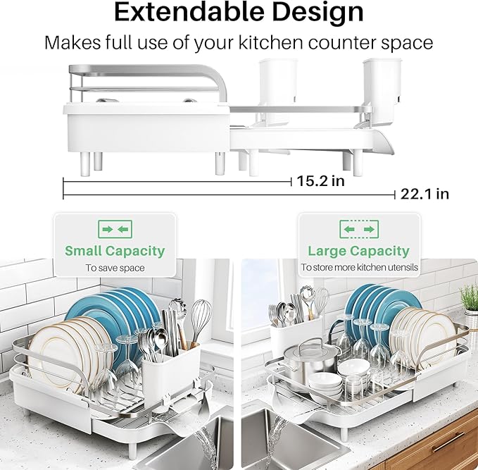 SNTD Expandable Dish Drying Rack for Kitchen Counter, 15.2-22.1 in, White | Rust-Resistant Stainless Steel, Protective Side Rails, Self-Draining Drainboard, Removable Utensil Holder