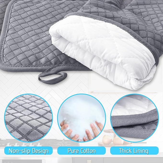 Pynqdfu 4 Pcs Oven Mitts and Pot Holders,High Heat Resistant 500 Degree Glove with Silicone Non-Slip Surface,Extra Thicken Long Kitchen Cotton Oven Glove for Baking,Cooking,Grilling(Light Gray)
