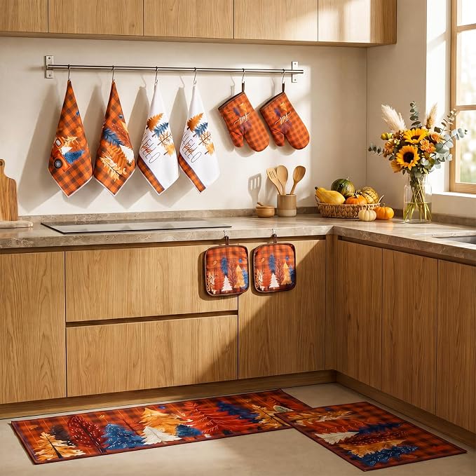 Fourluoo 10 Pcs Fall Maple Trees Kitchen Decor Set Towels Rugs Oven Mitts and Pot Holders Autumn Kitchen Accessories Set for Cooking Baking Grilling Housewarming Gift