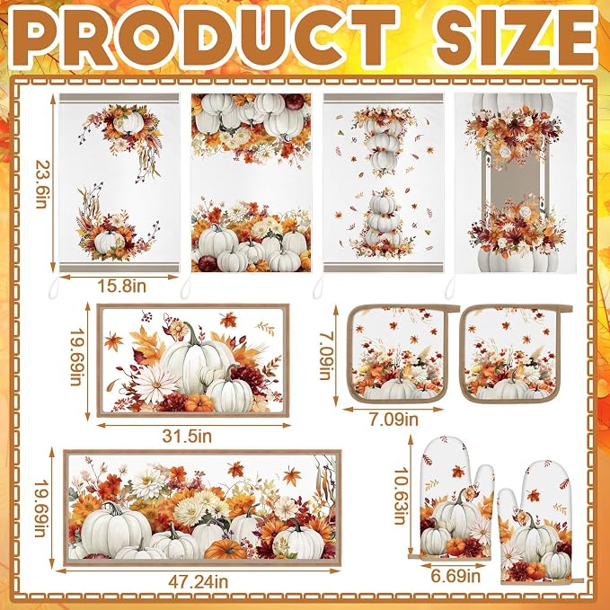 Fourluoo 10 Pcs Fall White Pumpkin Kitchen Decor Set White Pumpkin Rugs Towels Oven Mitts and Pot Holders Farmhouse Kitchen Decor Set for Gift Cooking Baking Grilling