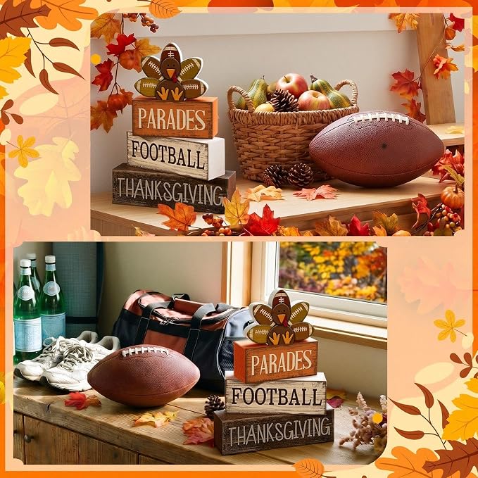 Lineshading 4 Pcs Thanksgiving Football Block Signs Wooden Farmhouse Decor | Rustic Turkey Design, Tiered Tray Decor, Tabletop Centerpiece, Seasonal Display, Gift for Fall Football Gatherings