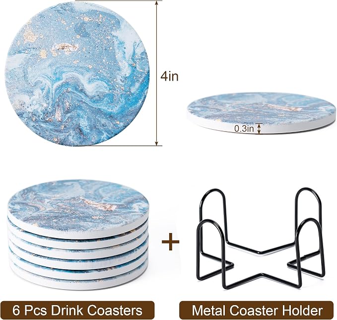 6Pcs Absorbent Coasters Set with Holder,Ceramic Drink Coaster,4 in（A9） | Marble Style Ceramic Drink Coaster,Suitable for Kinds of Cups,Modern Style Coaster for Coffee Table