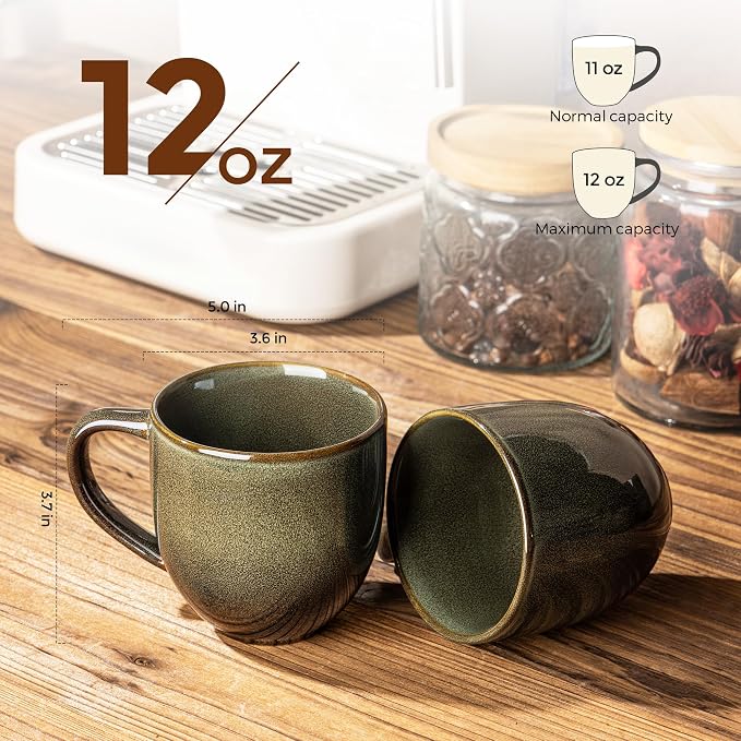 theterra Ceramic Coffee Mugs Set of 6, 12 oz Coffee Cups with Handle | Handmade, Suitable for Latte, Tea, Milk, Beer & Hot Cocoa, Olive Green