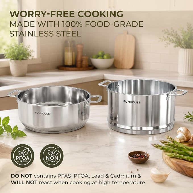 SUNHOUSE 9.3 QT Stainless Steel Steamer Pot for Cooking with Glass Lid | 5.5 QT Steamer Basket & 3.8 QT Stockpot - 2-Tier Large Vegetable Steamer Food with Stay-Cool Handles - Tri-ply Induction Base