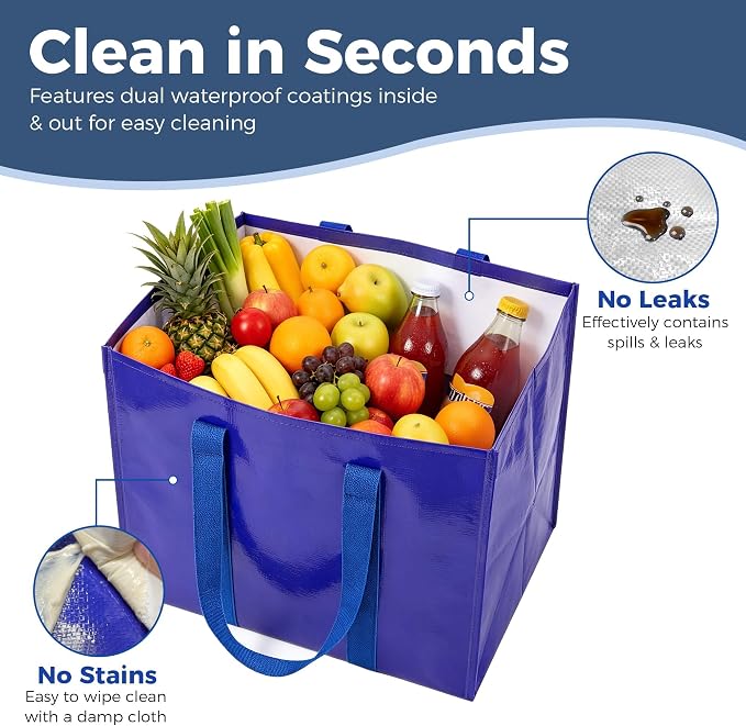Reusable Grocery Bags, Waterproof & Foldable Shopping Bags Stand Upright | Heavy Duty Shopping Tote Bags, Waterproof & Foldable with Long Handles for Bulk Shopping, Versatile Storage 3 Pack-33L