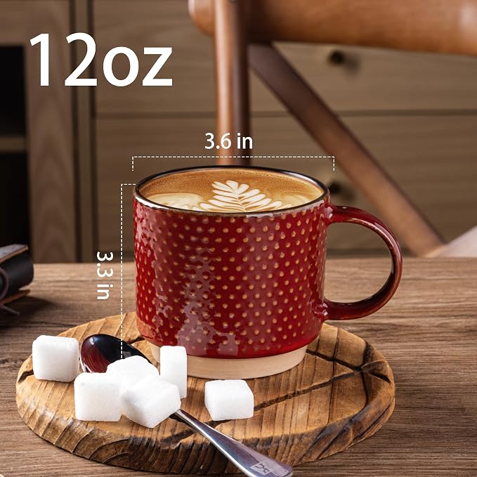 GBhome 12 OZ Stackable Coffee Mugs Set of 4, Ceramic Coffee Cups Set | 4 Assorted Designs, Embossed Mugs with Texture Patterns for Tea/Coffee, Dishwasher&Microwave Safe, Red