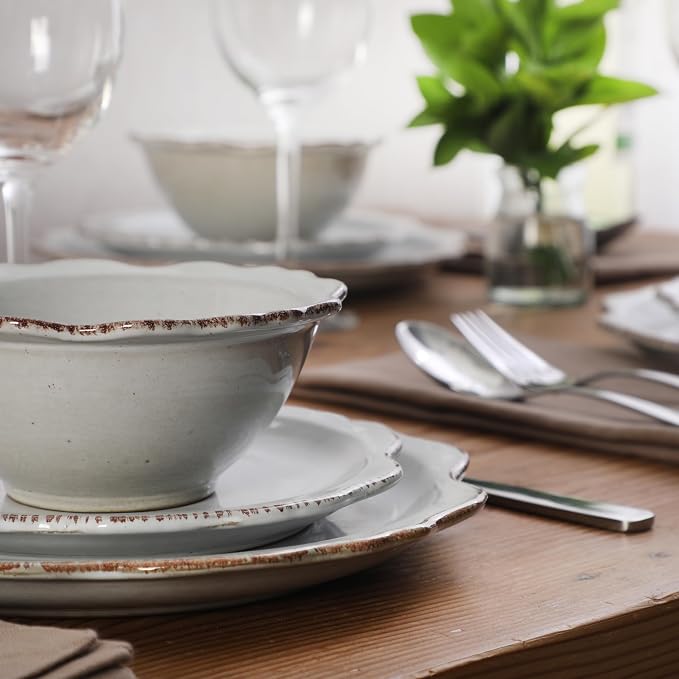 Gibson Elite Kennon Road Plates and Bowls Set, 12-Piece Dinnerware Set, White Scalloped Stoneware Dishes, Dinner Plates, Salad Plates & Cereal Bowls, Reactive Glaze