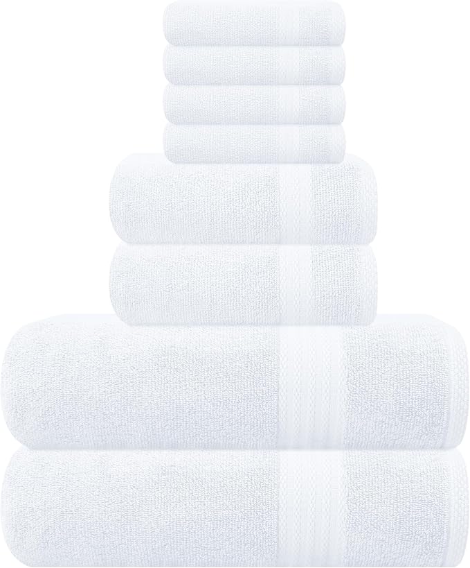 GLAMBURG Ultra Soft 8-Piece Towel Set - 100% Pure Ringspun Cotton, Contains 2 Oversized Bath Towels 27x54, 2 Hand Towels 16x28, 4 Wash Cloths 13x13 - Ideal for Everyday use, Hotel & Spa - White