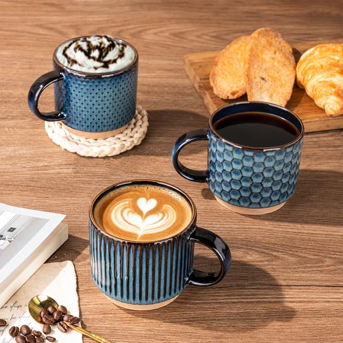 GBhome 12 OZ Stackable Coffee Mugs Set of 6, Ceramic Coffee Cups Set | 3 Assorted Designs, Embossed Mugs with Texture Patterns for Tea/Coffee, Dishwasher&Microwave Safe, Deep Sea