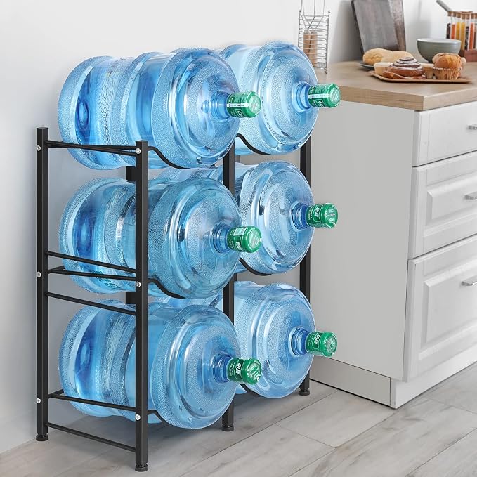 LIANTRAL 5 Gallon Water Bottle Holder, 3 Tiers Black Double Row Water Rack | Heavy Duty Water Cooler Jug Rack with 6 Slots for Home Kitchen