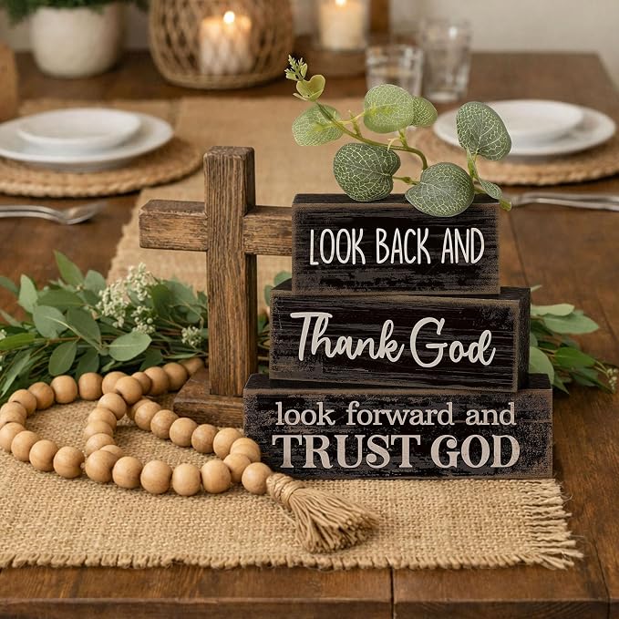 Lineshading 4 Pcs Christian Wooden Block Signs Farmhouse Centerpiece | Rustic Tiered Tray Decor with Bible Verse, Religious Home Signs for Tables, Faith-inspired Wood Blocks Gift