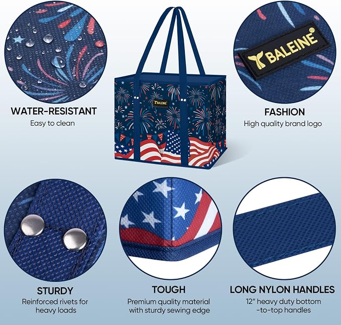 BALEINE 1PK Reusable Grocery Bags, Heavy Duty Shopping Tote Bag | 12'' Long Handles, Reinforced Bottom Keeps Upright, Fold Flat Storage, Water-Resistant Shopping Bag, Multiple Color Options