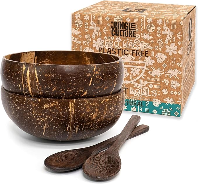 Jungle Culture 2 Polished Coconut Bowl & Wooden Spoons Set with Bamboo Straws • Natural Yoghurt & Smoothie Bowls Ideal for Ninja Creami • Healthy Coco Shell Buddha, Acai • Eco Friendly Vegan Gifts
