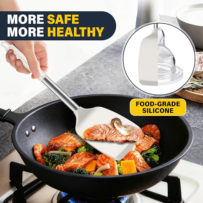 2 Pack Silicone Spatula Set, Solid & Slotted Turner for Non-Stick Pans, High Heat Resistant Silicone Spatula for Cooking, BPA-Free Stainless Steel Cooking Utensils for Fish, Eggs, Pancakes, Beige