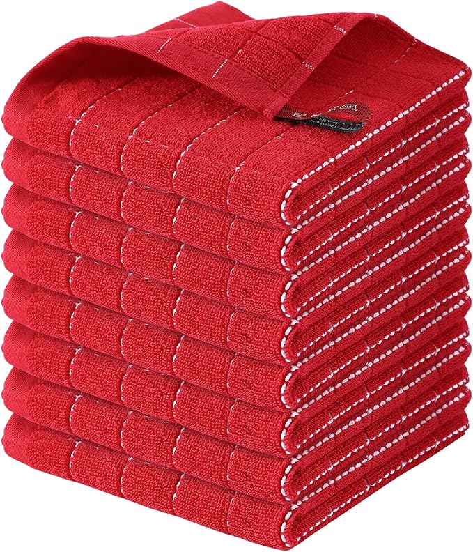 Homaxy 100% Cotton Terry Kitchen Dish Cloths, 8 Pack, Red | Ultra Soft and Absorbent, Suitable for Drying and Washing Dishes