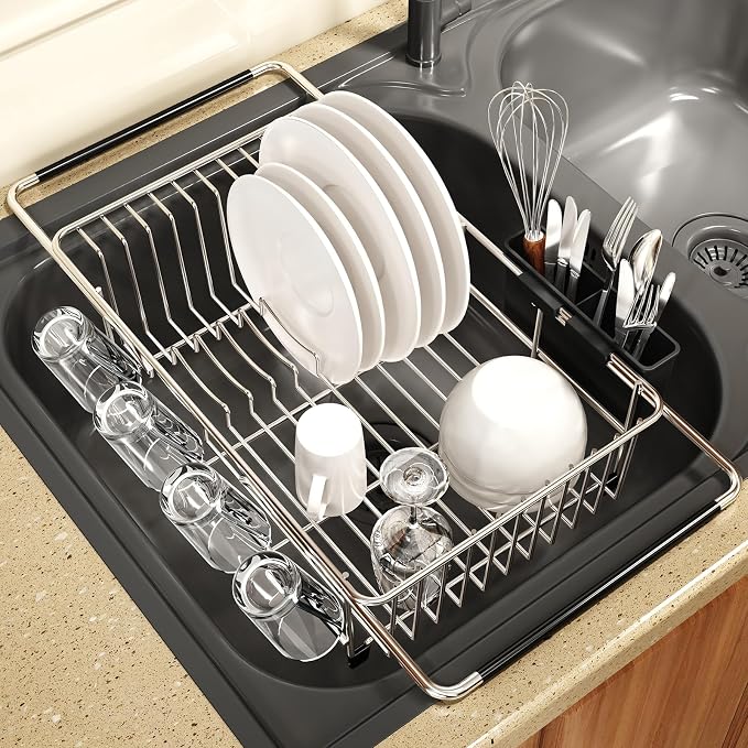 Dish Drying Rack Over The Sink with Adjustable Utensil Holder | Expandable Stainless Steel Dish Drainer for Small Kitchen, Apartment, RV, Counter Space Saving, Perfect Fit, Rustproof