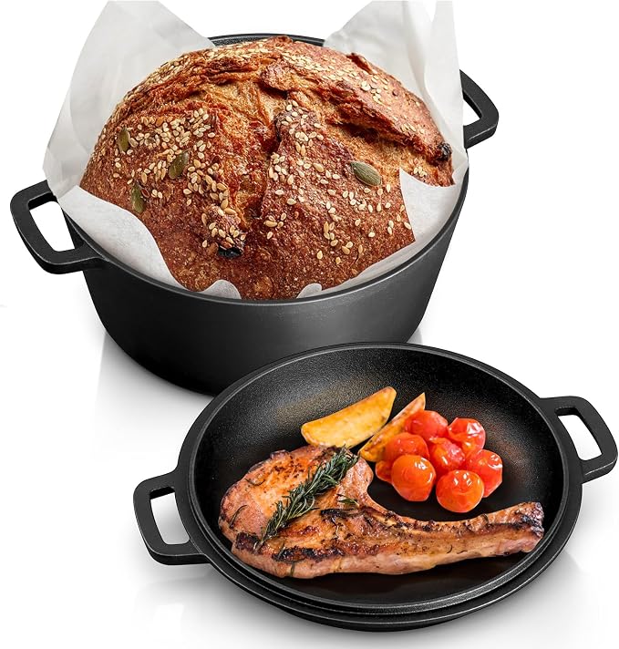 TeamFar 5qt Dutch Oven, Pre-seasoned Cast Iron for Bread Baking, Black | 2-in-1 Bread Pan with Skillet Lid, Oven & Stovetop Safe for Baking Frying Stewing Grilling, Home Use Or Outdoor Camping