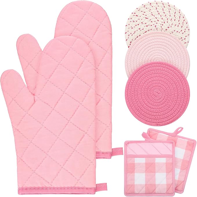 Pink Oven Mitts and Pot Holders 7 Sets, Pink White, Cotton, Plaid | Heat Resistant Kitchen Gloves, Pads Pot Holders for Women, Chritsmas Gifts Kitchen Accessories Gift