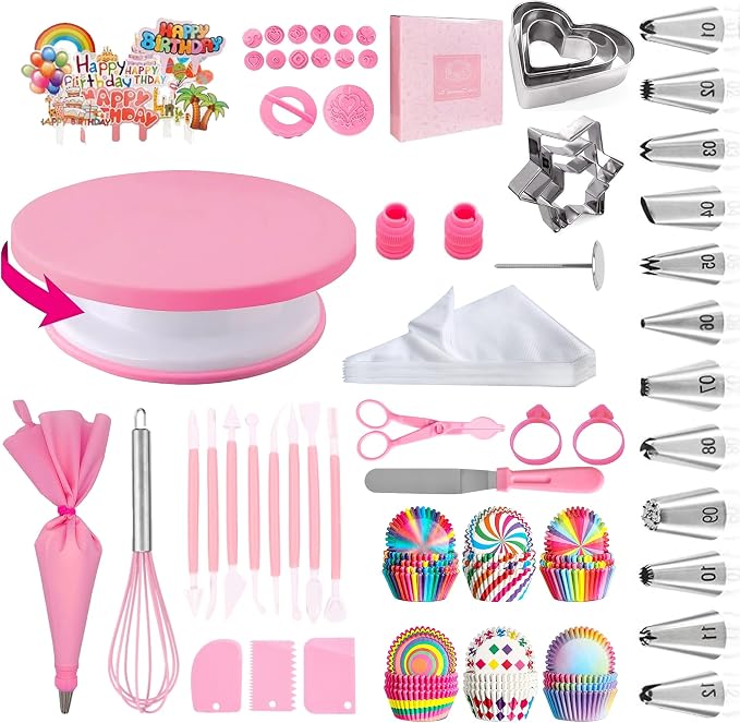 Cake Decorating Supplies Kit Tools 255pcs, Cake Decorating Set with Cake Turntable, 12 Numbered Icing Piping Tips, Cookie Cutters, Icing Smoother & Other Accessories for Cake Decoration (255, Pink)