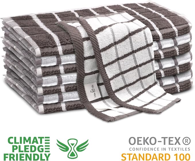 Urban Villa Kitchen Towels Cotton Dish Towels 12”x12” (Set of 6) Grey White