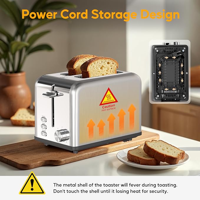 HealSmart 2-Slice Stainless Steel Toaster, 6 Browning Setting and 3 Function Toaster, Extra Wide Slot & Removable Crumb Tray, for Bread & Waffle, Silver