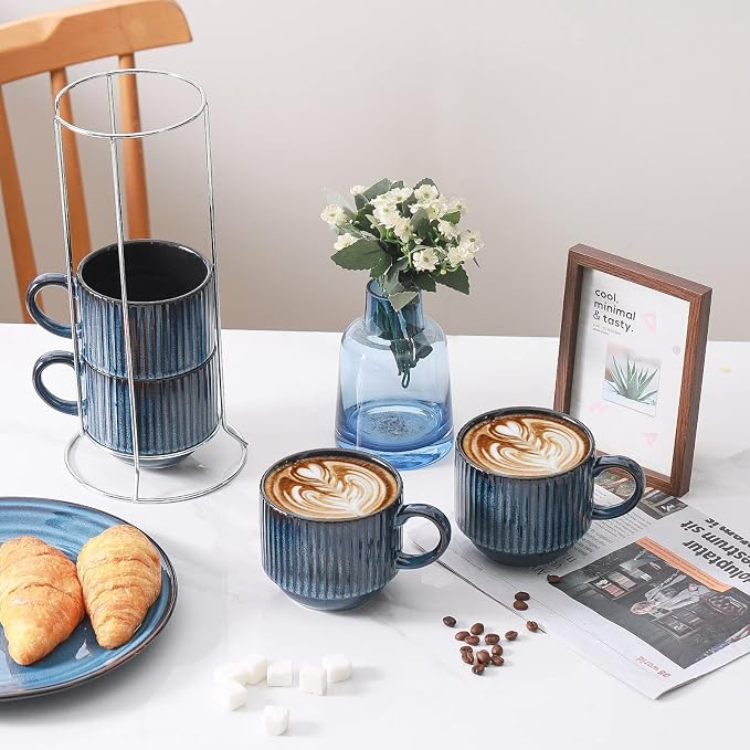 HASENSE 15 Oz Ribbed Stackable Coffee Mug Set of 4, Ceramic Latte Cups with Metal Stand, Dishwasher & Microwave Safe, Navy Blue for Cappuccino Tea Hot Cocoa