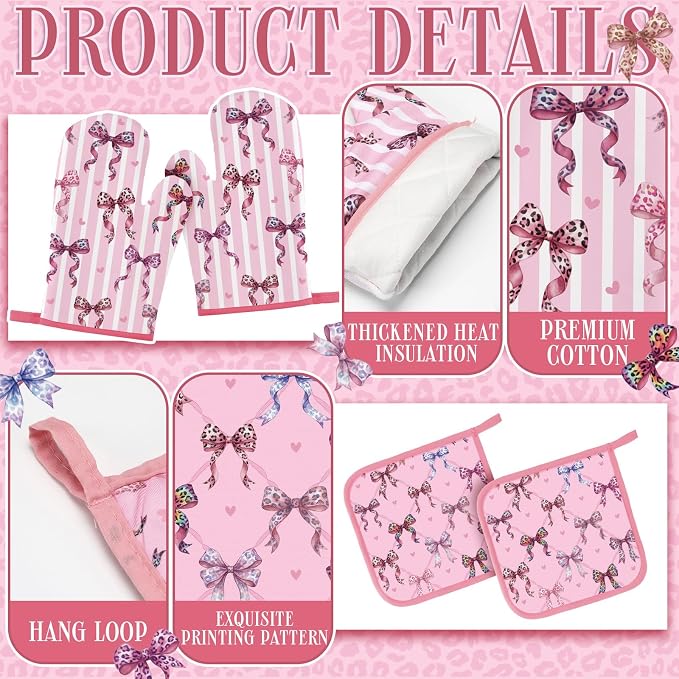 Fourluoo 16 Pcs Pink Leopard Kitchen Decor Set 4 Pink Kitchen Towels 2 Non Slip Rugs and Mats for Floor 2 Oven Mitts Gloves 2 Pot Holders 4 Placemats 2 Curtains for Home Decoration Women Gift