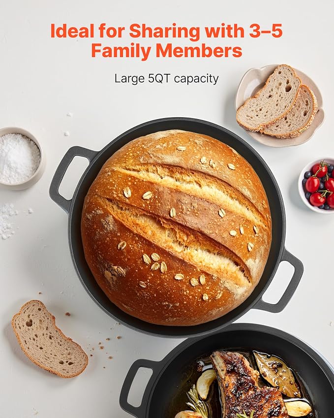 VEVOR Cast Iron Dutch Oven, 2-in-1 Pre-Seasoned Pot with Skillet Lid, 5QT Cookware Pan with Proofing Basket, Bread Baking Accessories, Bread-Oven Compatible 500℉