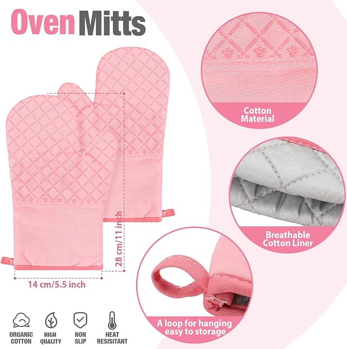 Pink Oven Mitts and Pot Holders 7 Sets, Pink, Rubber Cotton, Honeycomb | Heat Resistant Kitchen Gloves, Pads Pot Holders for Women, Chritsmas Gifts Kitchen Accessories Gift