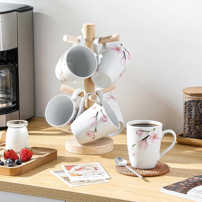 VEWEET Coffee Mugs Set of 6, 11 OZ Floral Ceramic Mugs, ANNIE | 11 OZ Floral Ceramic Coffee Mugs ANNIE Series, Microwave and Dishwasher Safe, Perfect for Tea, Coffee, and Gifting