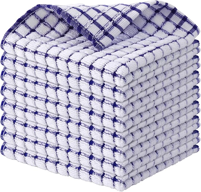 Kitinjoy Cotton 8 Pack Terry Kitchen Dish Cloths, Blue | 12 x 12 Inches Super Soft and Absorbent Dish Rags, Quick Drying Dish towels for Washing Dishes