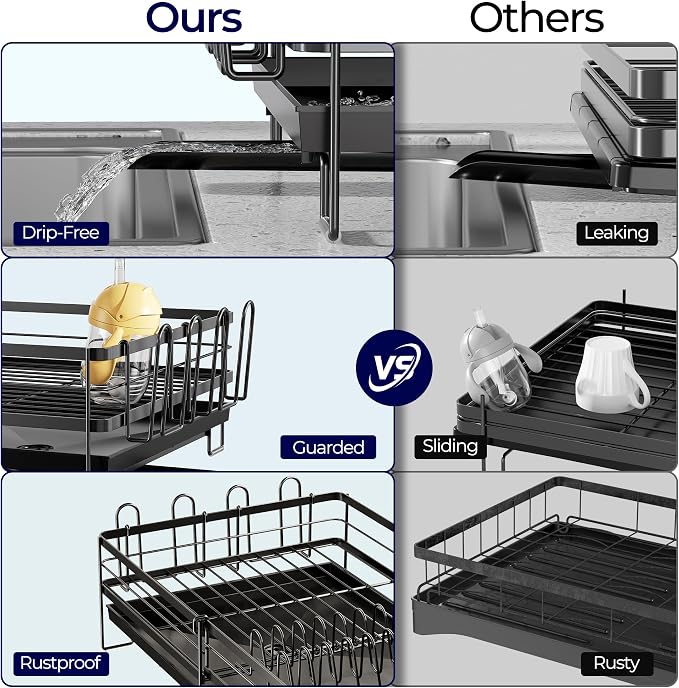Large Dish Drying Rack, Expandable Dish Rack for Kitchen Counter, Dish Drainer with Drainboard Set, Multifunctional Dishrack with Utensil & Cup Holder, 13.4"-28.7" L x 11.8" W x 7.8" H, Black