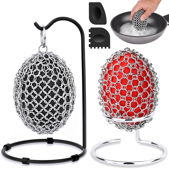 Cast Iron Scrubber Chainmail Set – 316 Stainless Steel Dish Scrub Brush for Cast Iron Skillet Pan Cleaner, Dutch Oven, Wok & Non-Stick Cookware | Dishwasher Safe – 2Pack