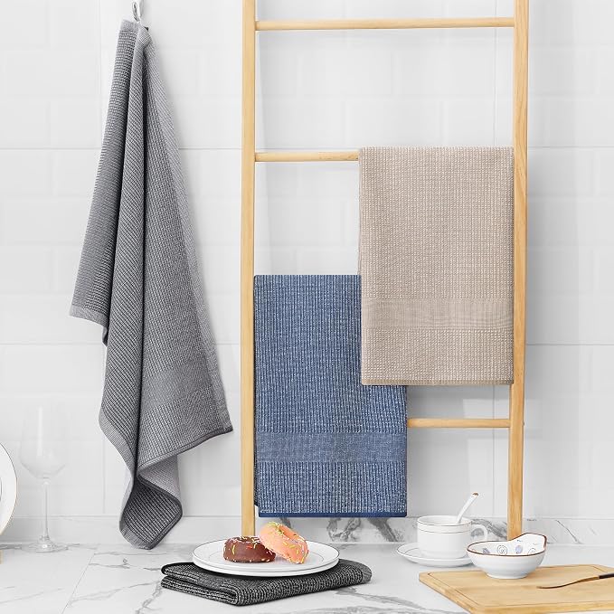 Homaxy 380 GSM Cotton Premium Kitchen Towels 12 Pack, 18"x 28", Mix | Flat and Terry Dish Towels, Highly Absorbent Tea Towel Set with Hanging Loop, Soft Kitchen Hand Towels, Grey/Khaki/Black