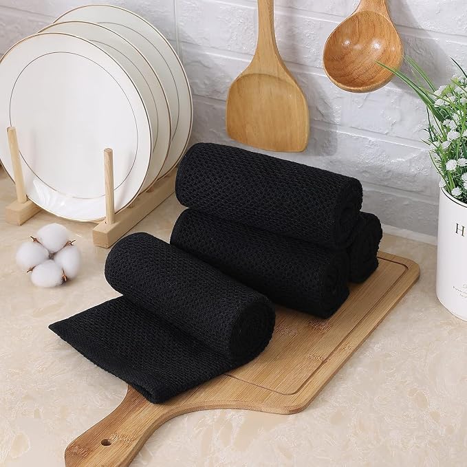 Kitinjoy 100% Cotton Waffle 12-Pack Kitchen Towels, 13" x 28", Black | Super Soft, Ultra-Absorbent, Fast Drying, lightweight, Quick Drying Kitchen Hand Towels