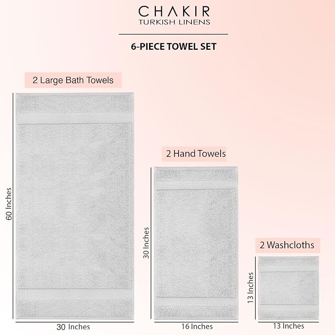Chakir Turkish Linens 100% Cotton 6-Piece Towel Set, Silver Gray | 100% cotton 6-pc set, OEKO-TEX certified: 2 bath 30x60, 2 hand 16x30, 2 washcloths 13x13