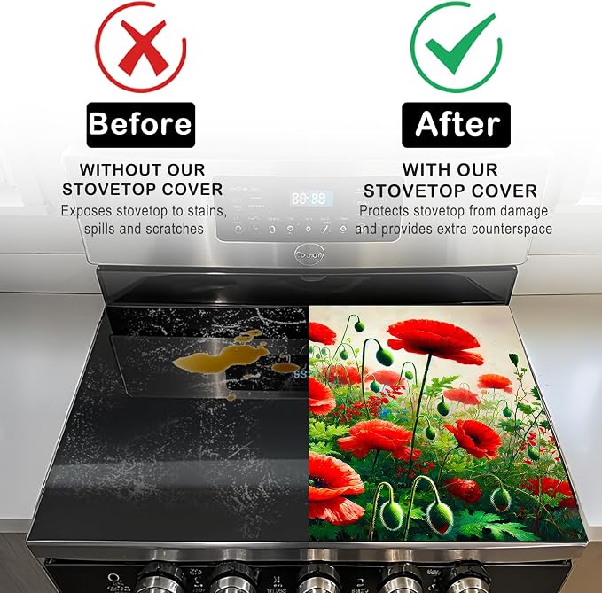 Nuxovilar Floral Accent Stove Cover Diatom Mud 28.35x20.47 In | Glass Protector Countertop Mat Counter Saver Cooktop Cover Kitchen Cooking Area Home (Floral Accent Design)