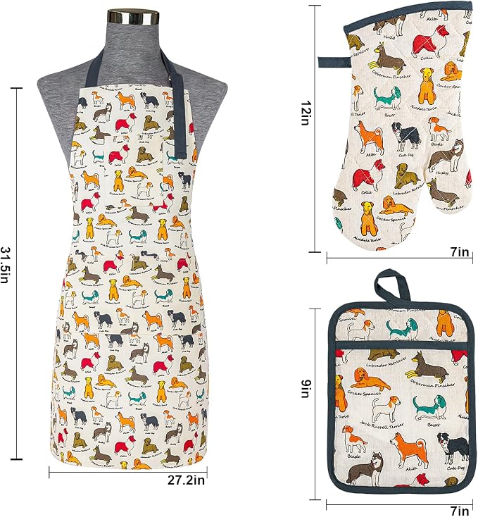 Alselo Oven Mitts and Pot Holders with Chef Apron,Kitchen Set of 5 | Heat Resistant Kitchen Gloves and Silicone Non-Slip Potholders Adjustable Neck Buckle Chef Apron, Cotton Dog Design (Dog)